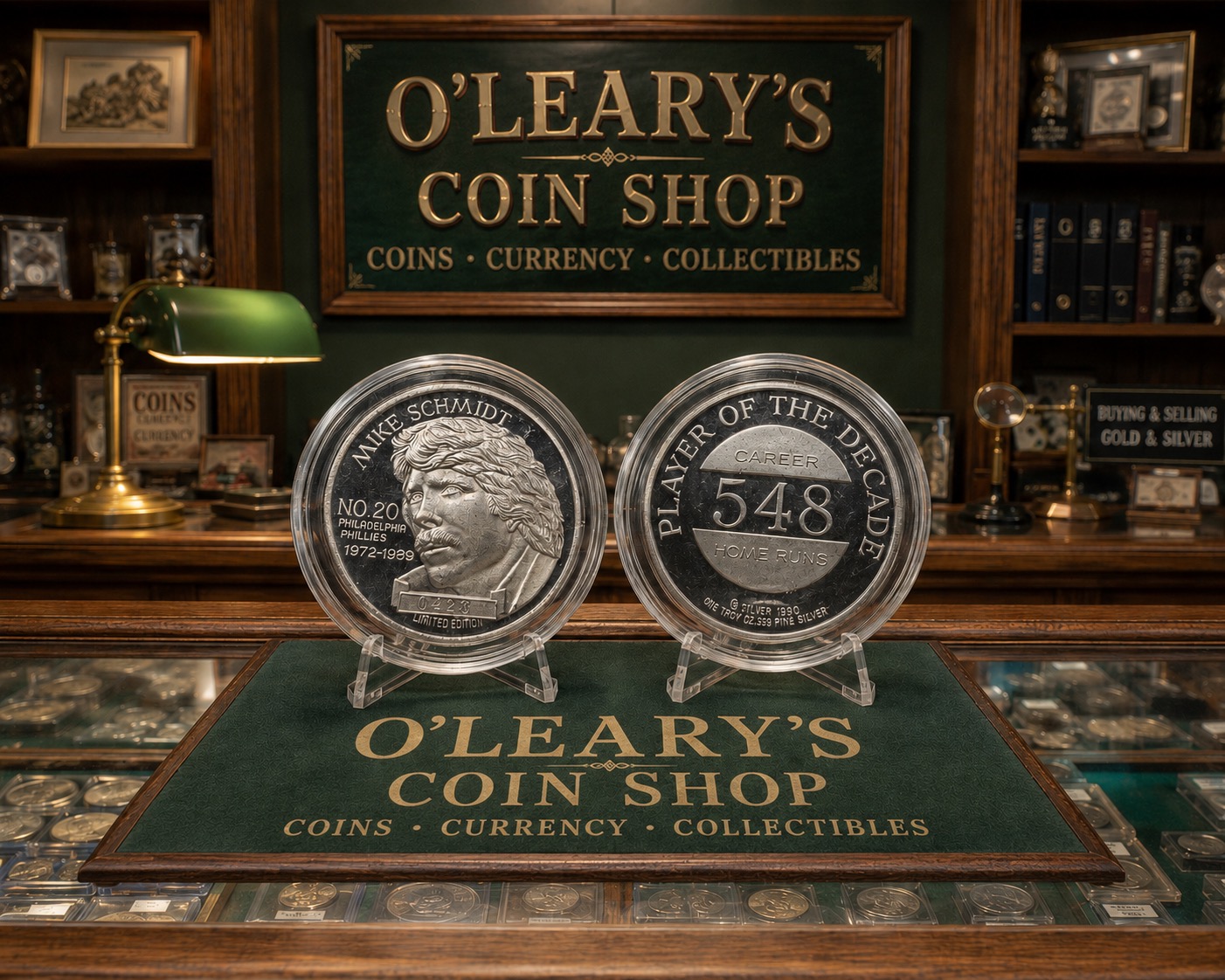 O'Leary's Coin Shop showroom background with coin display counter